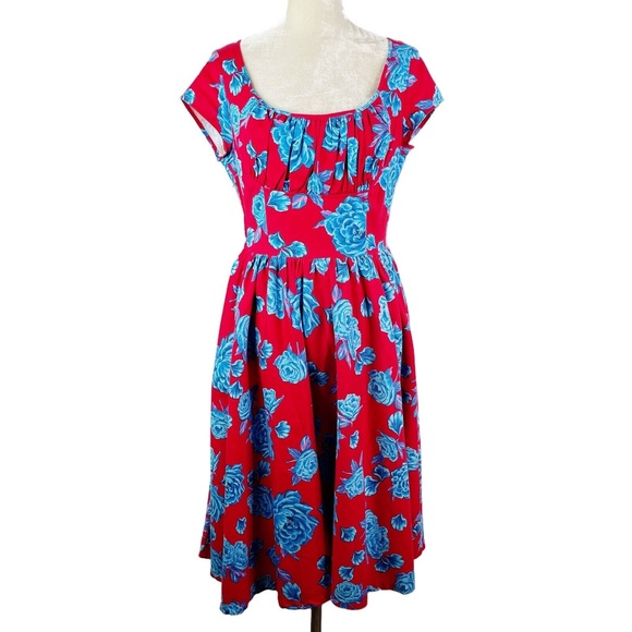 Pinup Couture Evelyn Cocktail Dress Large Red Blue Rose Floral Jacket Shrug 2pc - Picture 3 of 11